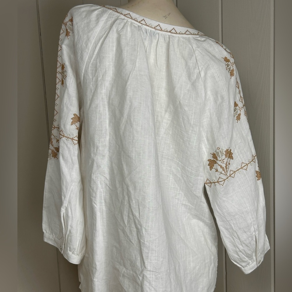 Talbots White Linen Blend Embroidered Tunic Top Boho Peasant Blouse Large - Picture 6 of 10